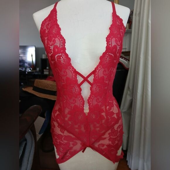 NWOT Red Lingerie Crotch Less Teddy w/G String Undies Size S - Picture 1 of 7